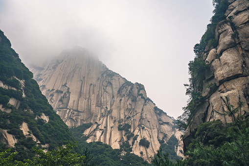 Vertical hillside of the inspiring, sacred and majestic Huashan mountain, famous tourist attractions, Shaanxi province, China