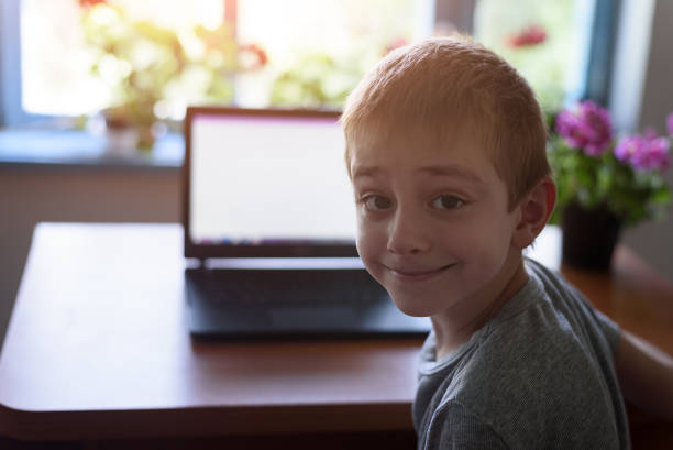 istock Smiling schoolboy sitting at a laptop. Home education 1190717195