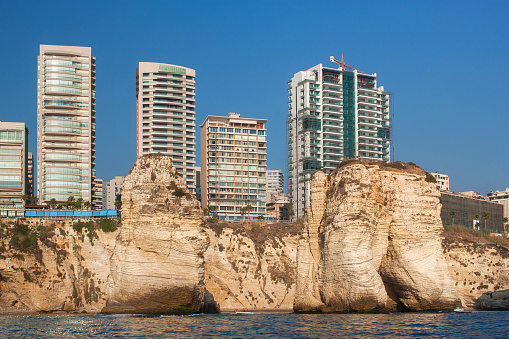 View of the Raouche district in Beirut, Lebanon. Is a residential and commercial neighborhood. It is known for its upscale apartment buildings, restaurants, and cliff-side cafes on the Avenue de Paris
