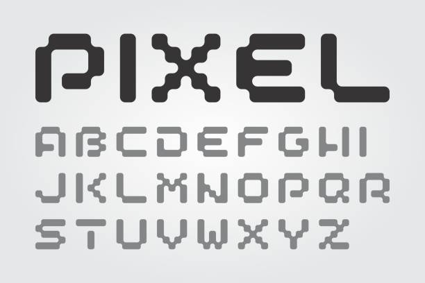 Old school Pixel Font in a Modern Reshape (Vector Typeface). Flat geometric digital computer game style uppercase typography. Flat geometric digital computer game style uppercase typography. Old school Pixel Font in a Modern Reshape (Vector Typeface). nerd stock illustrations