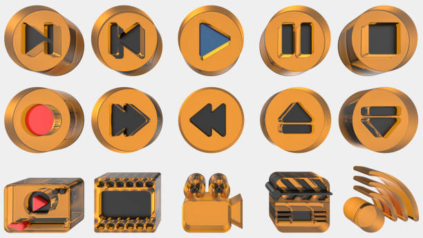 Audio and video 3d symbols isolated on grey background. Useful for media industry as graphic additional elements. Can be used for banner and print