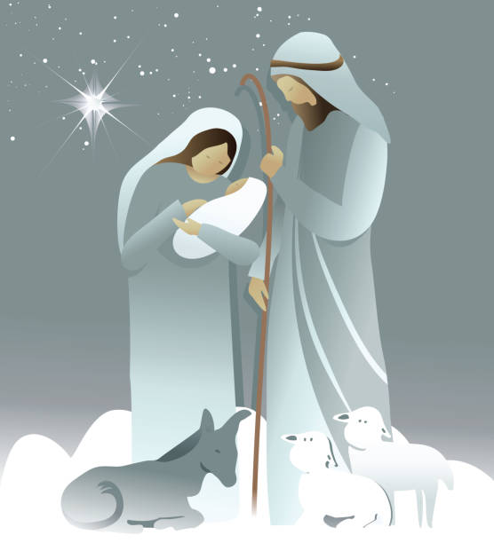 ilustraciones, imágenes clip art, dibujos animados e iconos de stock de escena de la natividad con la sagrada familia - joseph