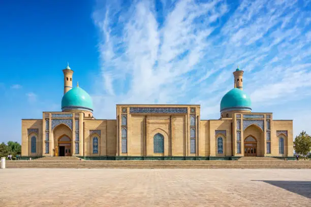 Hazrat Imam Mosque and Hazrat Imam Square in Tashkent Uzbekistan on a sunny day.
