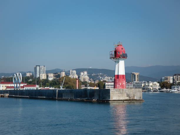 istock Red lighthouse with birds on a pier in the sea 1190727683