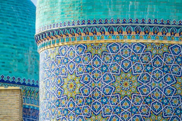 Traditional Islamic architecture at Barak Khan Madrassah on Hazrat Imam Square in Tashkent Uzbekistan on a sunny day.