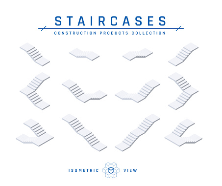 Concrete staircases, isometric view. Different types of stairs. Set of icons for architectural designs. Vector illustration isolated on a white background in flat style.
