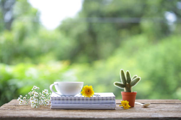 istock White cup of coffee and small Cactus with on wooden table with diary notebooks 1190734194