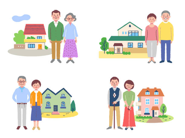 4 set  senior couples standing in front of house home, husband and wife family reunion stock illustrations