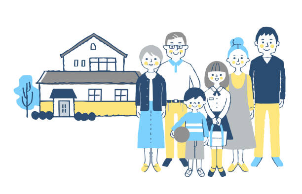 家の前に立つ3世代家族 - 日本人　親子点のイラスト素材／クリップアート素材／マンガ素材／アイコン素材