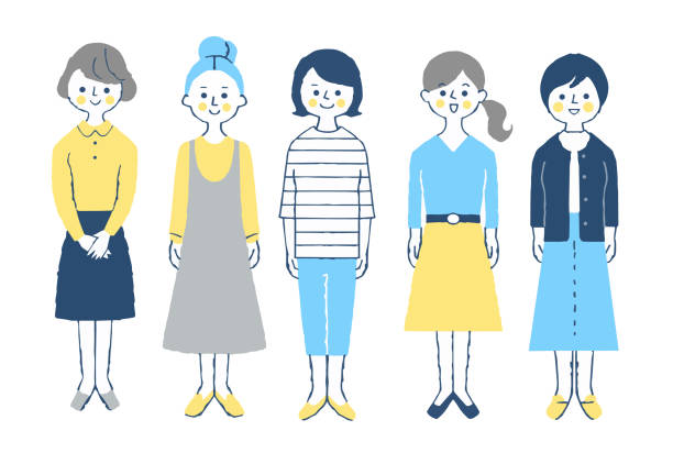 앞에 서있는 5 젊은 여성 - mature adult white background asian ethnicity businesswoman stock illustrations