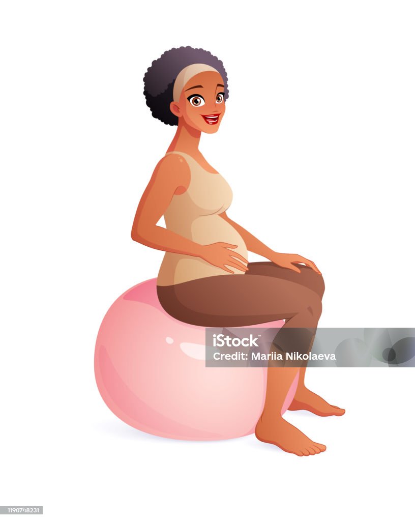 Pregnant African woman sitting on fitness ball. Pregnancy vector illustration. Beautiful African American pregnant woman sitting on fitball. Pregnancy vector illustration isolated on white background. Pregnant stock vector