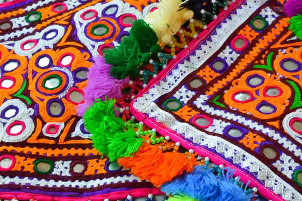 Photo of colorful handmade ahir bharat, kutchhi bharat,Mirrored embroidery work typical of the Ahir tribe in Gujarat, India,