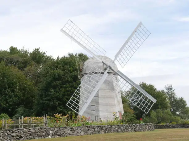 Photo of Old fashioned windmill in a popular tourist spot in Jamestown, Rhode Island.