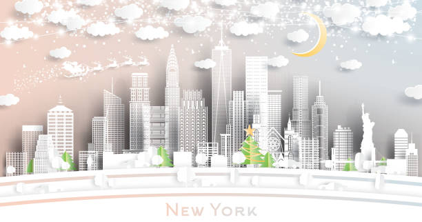 눈송이, 달과 네온 갈랜드와 종이 컷 스타일의 뉴욕 미국 시티 스카이 라인. - new york city new york state skyline winter stock illustrations