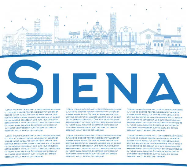 Vector illustration of Outline Siena Tuscany Italy City Skyline with Blue Buildings and Copy Space.