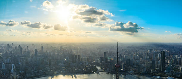 istock Aerial panoramic view of Shanghai skyline at sunset. 1190757880