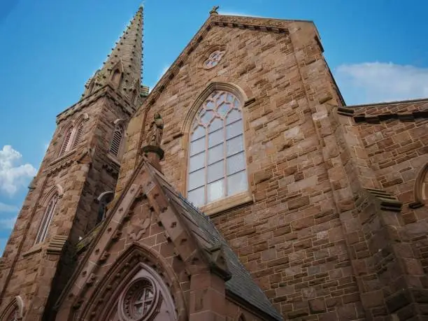 Close upward shot of the historic St.Mary's Church in Newport, Rhode Island where President John F. Kennedy and Jacqueline got married in 1953.