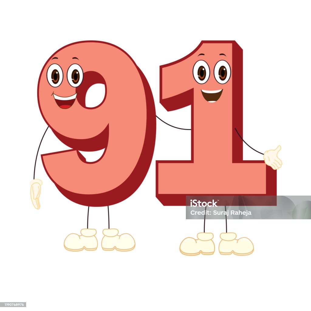 Number_91_Character - Vector Image Number Ninety One - Cartoon Vector Image Art stock vector