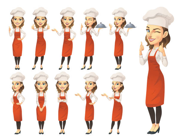 女性シェフキャラクターセット - baker occupation点のイラスト素材／クリップアート素材／マンガ素材／アイコン素材