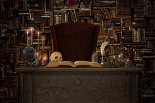 istock Fantasy image of a wizards desk full of props, 3d render. 1190775179