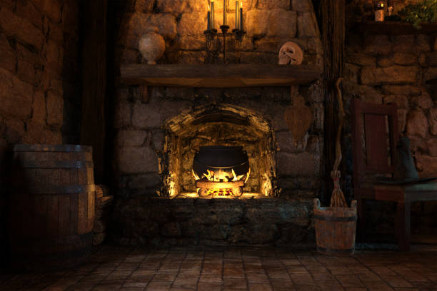istock Fantasy witches cottage with cauldron on the fireplace, 3d render. 1190775250