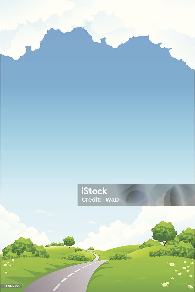 Krajobraz-zielone wzgórza z drzewa Droga i Krajobraz z chmurami - Grafika wektorowa royalty-free (Bez ludzi)