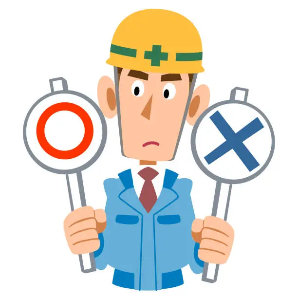 Vector illustration of Men in the construction site in blue work clothes think about correct and incorrect answers