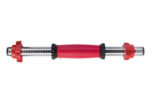 istock steel bar of a dumbbell with a red rubber handle, on a white background, horizontal layout 1190780651