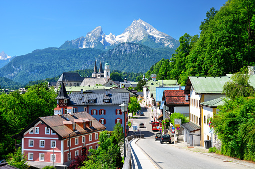 Berchtesgaden town with Watzmann the third-highest mountain in Germany on background, Bavaria