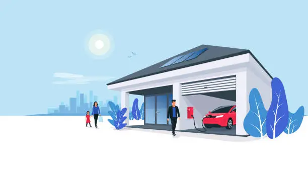 Vector illustration of Electric Car Charging at Home Garage Wall Box with Solar Panels Power Station