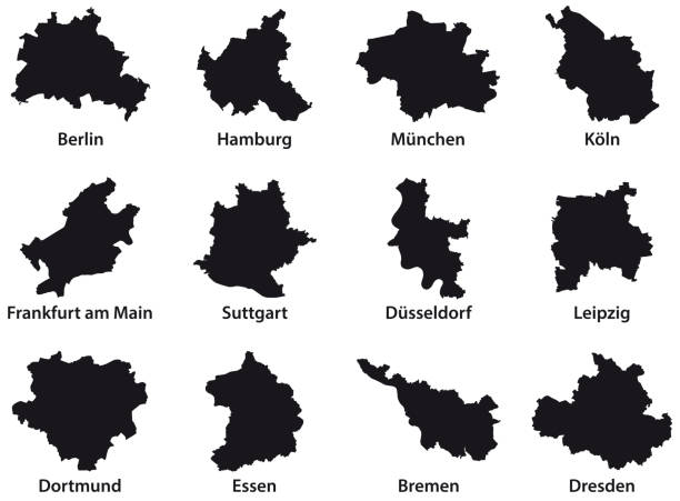 ilustraciones, imágenes clip art, dibujos animados e iconos de stock de mapas de esquemas negros de las 12 ciudades más pobladas de la república federal de alemania - map number 1 single object vector