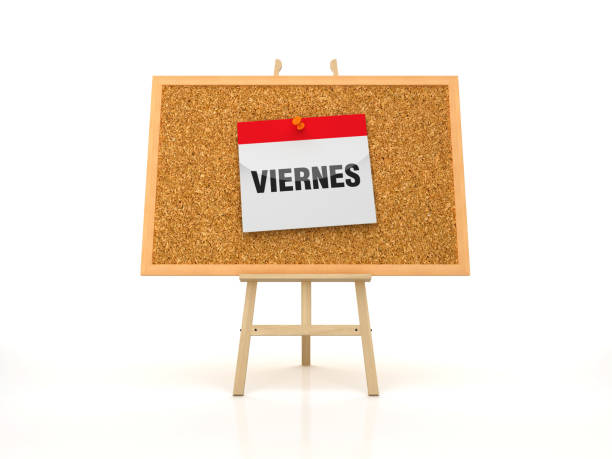 istock Easel with VIERNES Calendar on Corkboard Frame - Spanish Word - 3D Rendering 1190795444