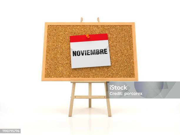 Easel With Noviembre Calendar On Corkboard Frame Spanish Word 3d Rendering Stock Photo - Download Image Now