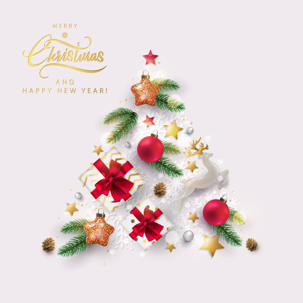 ilustrações de stock, clip art, desenhos animados e ícones de merry christmas design with christmas tree made of realistic festive elements - christmas toys, realistic gifts boxes, fir branches, glitter gold stars confetti. - christmas tree snow fir tree isolated