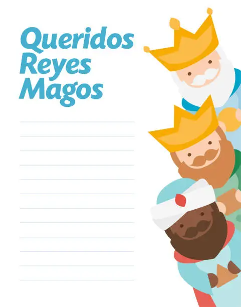 Vector illustration of Funny vectorized letter. Dear wise men written in spanish (queridos reyes magos)