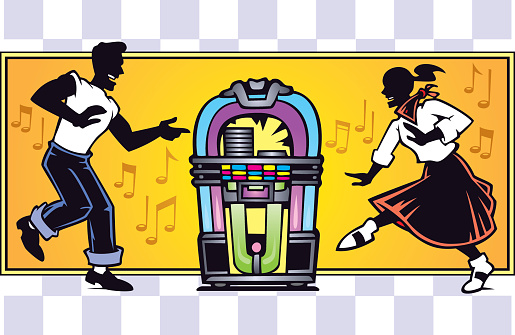Image of a guy and girl dancing in front of a jukebox. Background is on separate layer from the jukebox and dancers. 