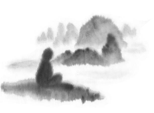 istock Meditator in the mountains. Man in the lotus position. Ink graphics. Chinese, japanese, oriental style. Gohua, sumi, zen, meditation, nature health. 1190803749