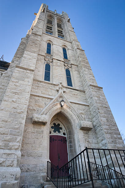 istock Side of old church with door and railing 119080751