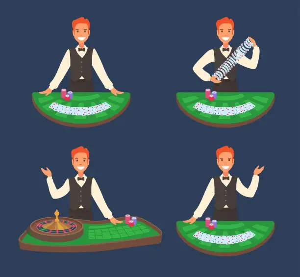 Vector illustration of A smiling casino dealer stands in front of a blackjack table, roulette.