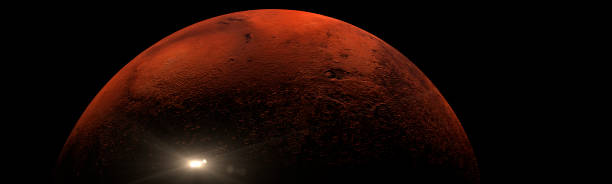Small satellite travelling across the surface of Mars with strong shadows on the surface panoramic