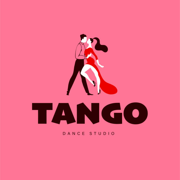 ilustraciones, imágenes clip art, dibujos animados e iconos de stock de estudio de baile de tango, lecciones y logotipo del taller, plantilla de diseño de emblema con pareja de hombres y mujeres bailarines. - tango