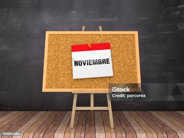 Easel With Noviembre Calendar Spanish Word Chalkboard Background 3d Rendering Stock Photo - Download Image Now