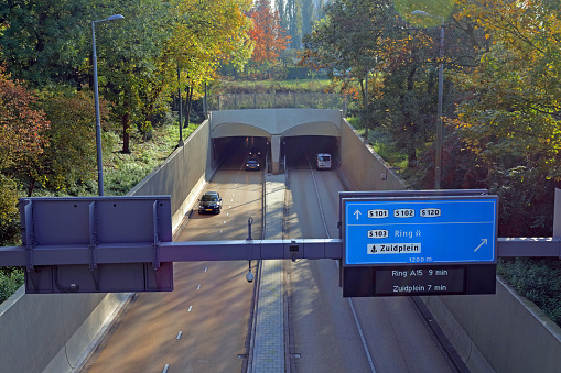 Rotterdam, Netherlands - November 17, 2019: Northern entry of the recently restored Meuse tunnel, Holand's oldest tunnel (1942)