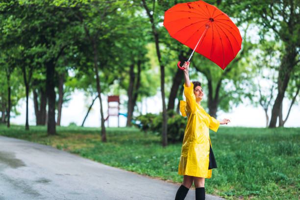 istock Woman in park at rain 1190817838