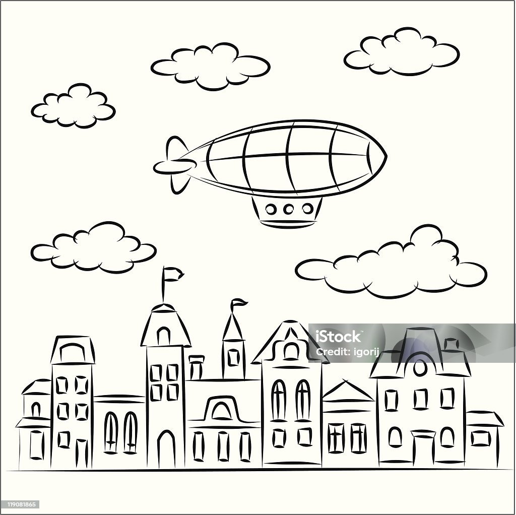 airship para a cidade velha - Vetor de Dirigível royalty-free