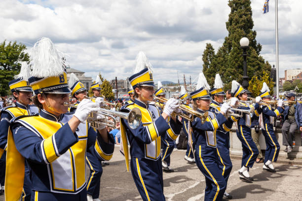 Victoria, BC, Canada -May 22, 2019: Battle of Marching Bands from Canada and USA in the Victoria Day in front of Parliament House. This is Victoria's largest parade, attracting well over 100,000 people.