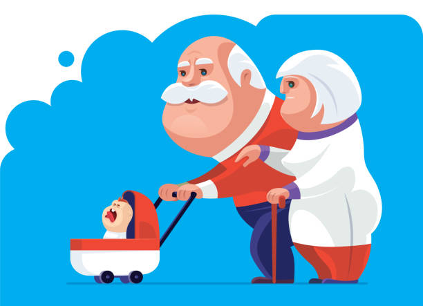 ilustrações de stock, clip art, desenhos animados e ícones de senior couple with crying baby - grandparent grandfather humor grandchild