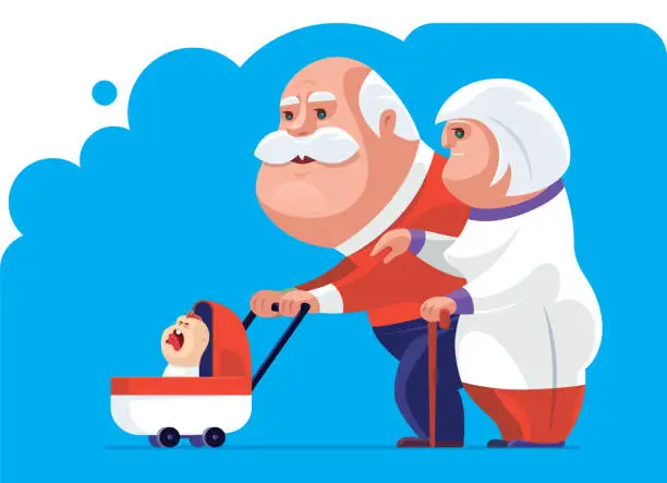 Vector illustration of senior couple with crying baby