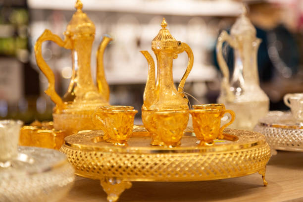 istock Gilded tea set in the store. 1190822853