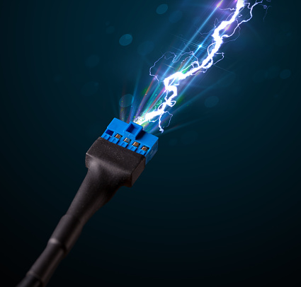 Electric cable close-up with glowing electricity lightning